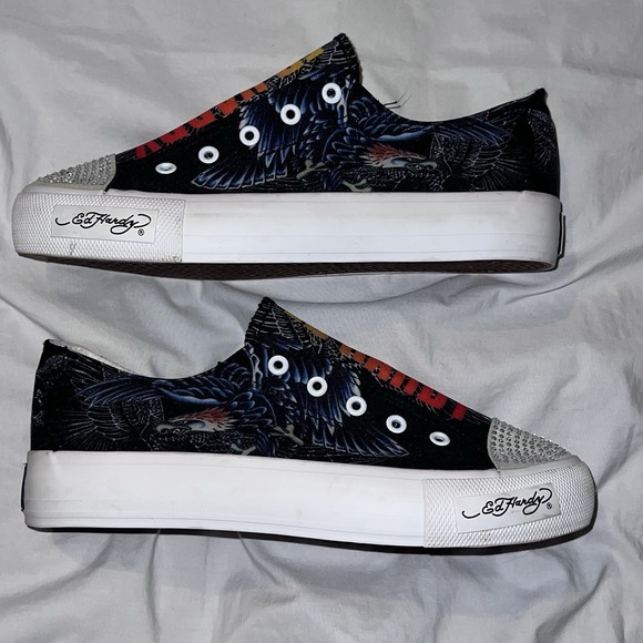 Y2K Ed Hardy Laceless Slip On Shoes Vintage Sneakers Womens Size 10 Eagle Tattoo - Picture 9 of 9